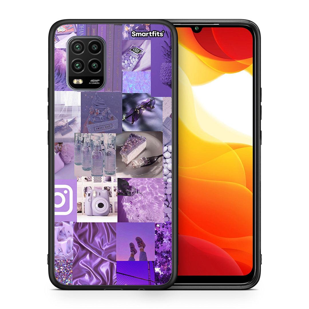 Θήκη Xiaomi Mi 10 Lite Purple Aesthetic Collage από τη Smartfits με σχέδιο στο πίσω μέρος και μαύρο περίβλημα | Xiaomi Mi 10 Lite Purple Aesthetic Collage case with colorful back and black bezels