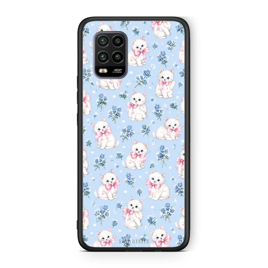 Θήκη Xiaomi Mi 10 Lite White Kittens and Blue Flowers Small από τη Smartfits με σχέδιο στο πίσω μέρος και μαύρο περίβλημα | Xiaomi Mi 10 Lite White Kittens and Blue Flowers Small case with colorful back and black bezels