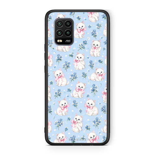Θήκη Xiaomi Mi 10 Lite White Kittens and Blue Flowers Small από τη Smartfits με σχέδιο στο πίσω μέρος και μαύρο περίβλημα | Xiaomi Mi 10 Lite White Kittens and Blue Flowers Small case with colorful back and black bezels