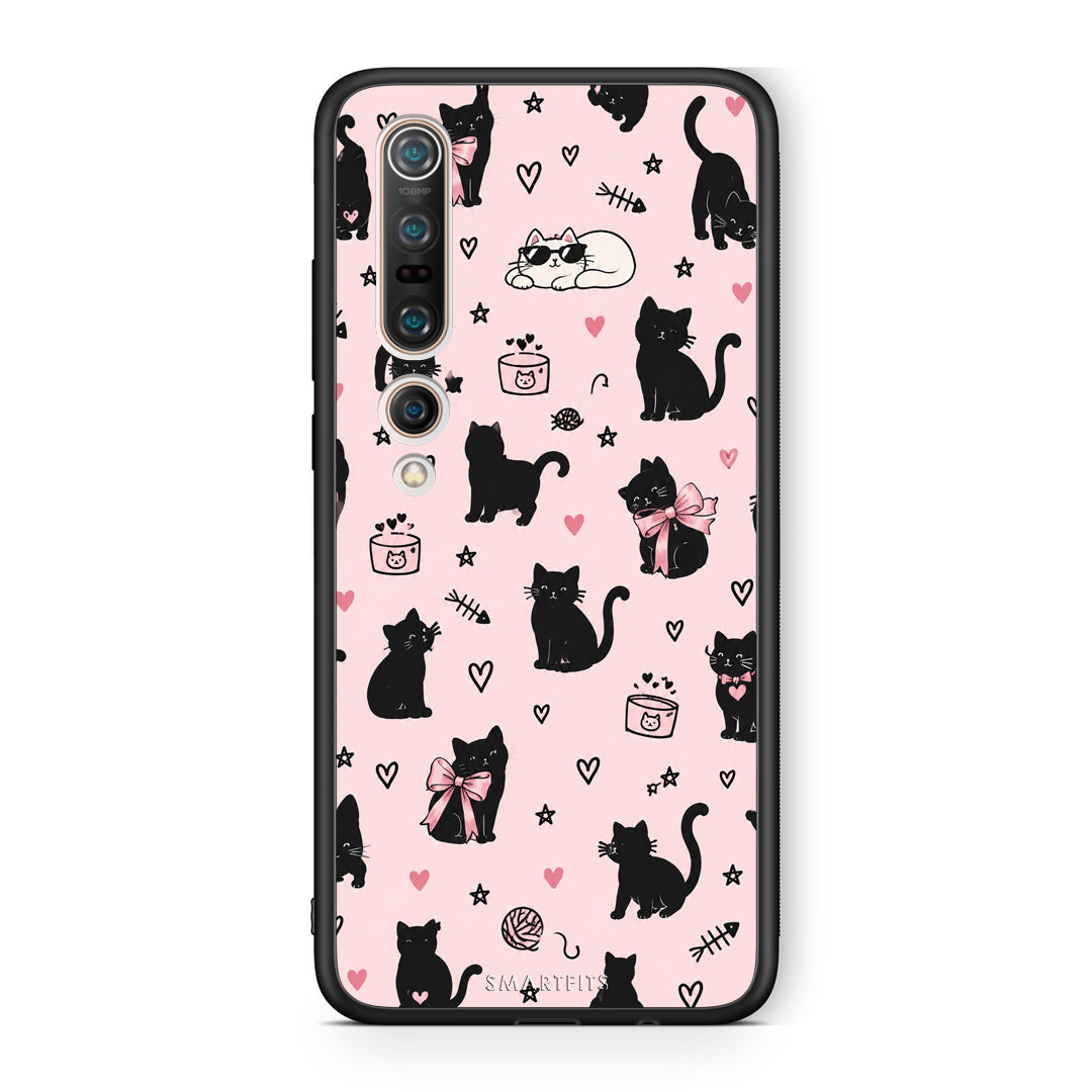 Θήκη Xiaomi Mi 10 Black Cat Doodles on Pink από τη Smartfits με σχέδιο στο πίσω μέρος και μαύρο περίβλημα | Xiaomi Mi 10 Black Cat Doodles on Pink case with colorful back and black bezels