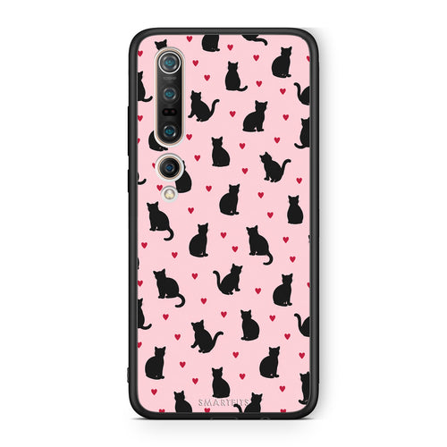 Θήκη Xiaomi Mi 10 Black Cat Silhouettes and Hearts on Pink από τη Smartfits με σχέδιο στο πίσω μέρος και μαύρο περίβλημα | Xiaomi Mi 10 Black Cat Silhouettes and Hearts on Pink case with colorful back and black bezels