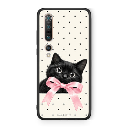 Θήκη Xiaomi Mi 10 Black Kitten Pink Bow and Polka Dots από τη Smartfits με σχέδιο στο πίσω μέρος και μαύρο περίβλημα | Xiaomi Mi 10 Black Kitten Pink Bow and Polka Dots case with colorful back and black bezels