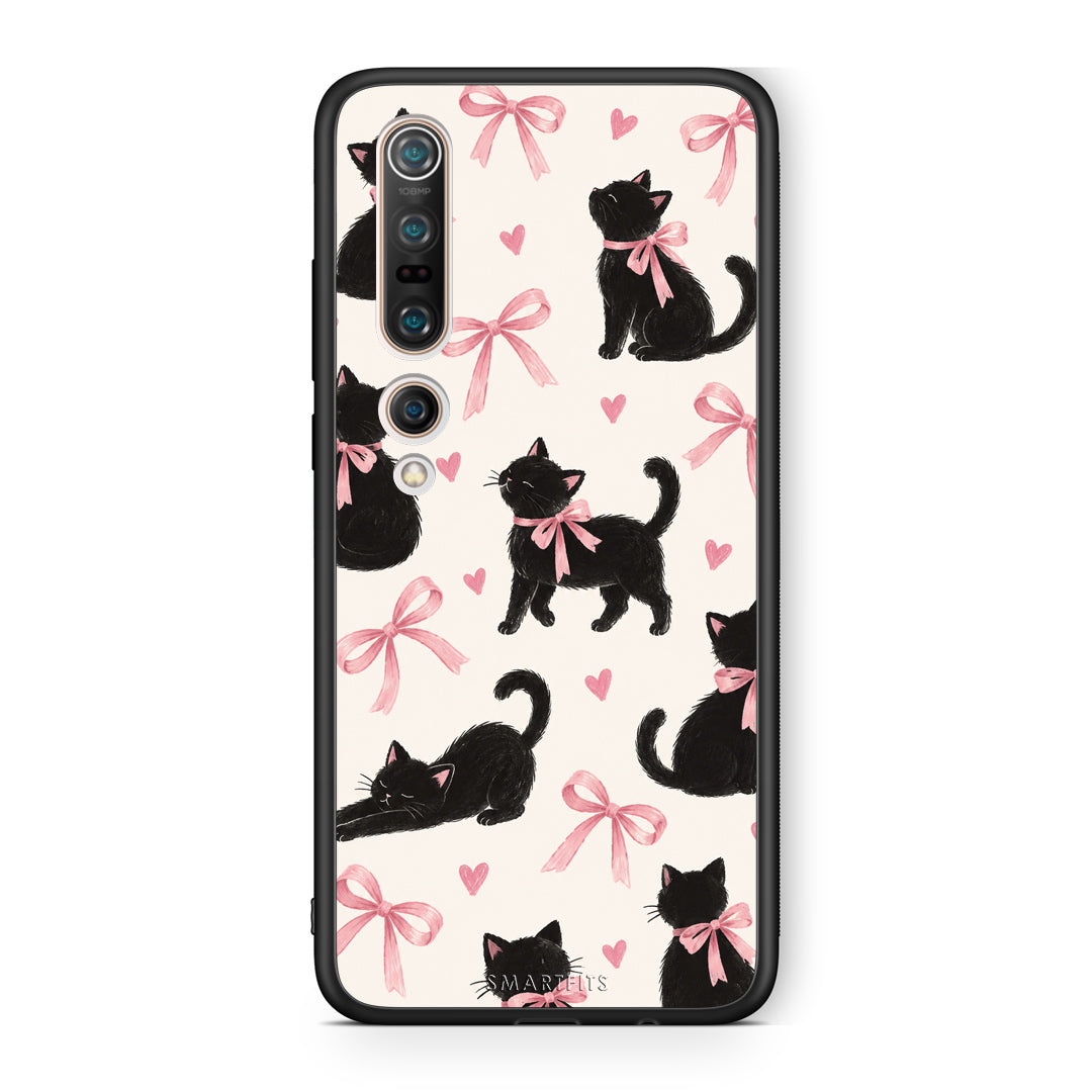 Θήκη Xiaomi Mi 10 Black Kittens and Pink Bows on Cream Large από τη Smartfits με σχέδιο στο πίσω μέρος και μαύρο περίβλημα | Xiaomi Mi 10 Black Kittens and Pink Bows on Cream Large case with colorful back and black bezels