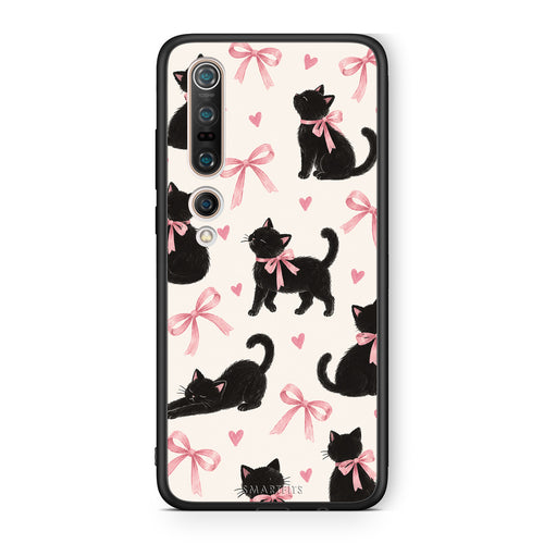 Θήκη Xiaomi Mi 10 Black Kittens and Pink Bows on Cream Large από τη Smartfits με σχέδιο στο πίσω μέρος και μαύρο περίβλημα | Xiaomi Mi 10 Black Kittens and Pink Bows on Cream Large case with colorful back and black bezels