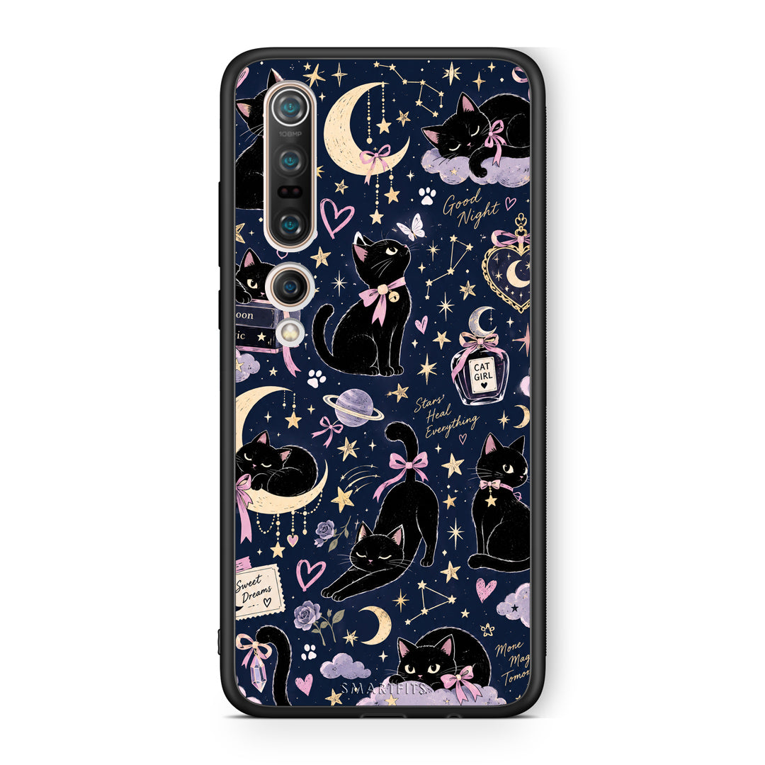 Θήκη Xiaomi Mi 10 Celestial Black Cats on Navy από τη Smartfits με σχέδιο στο πίσω μέρος και μαύρο περίβλημα | Xiaomi Mi 10 Celestial Black Cats on Navy case with colorful back and black bezels