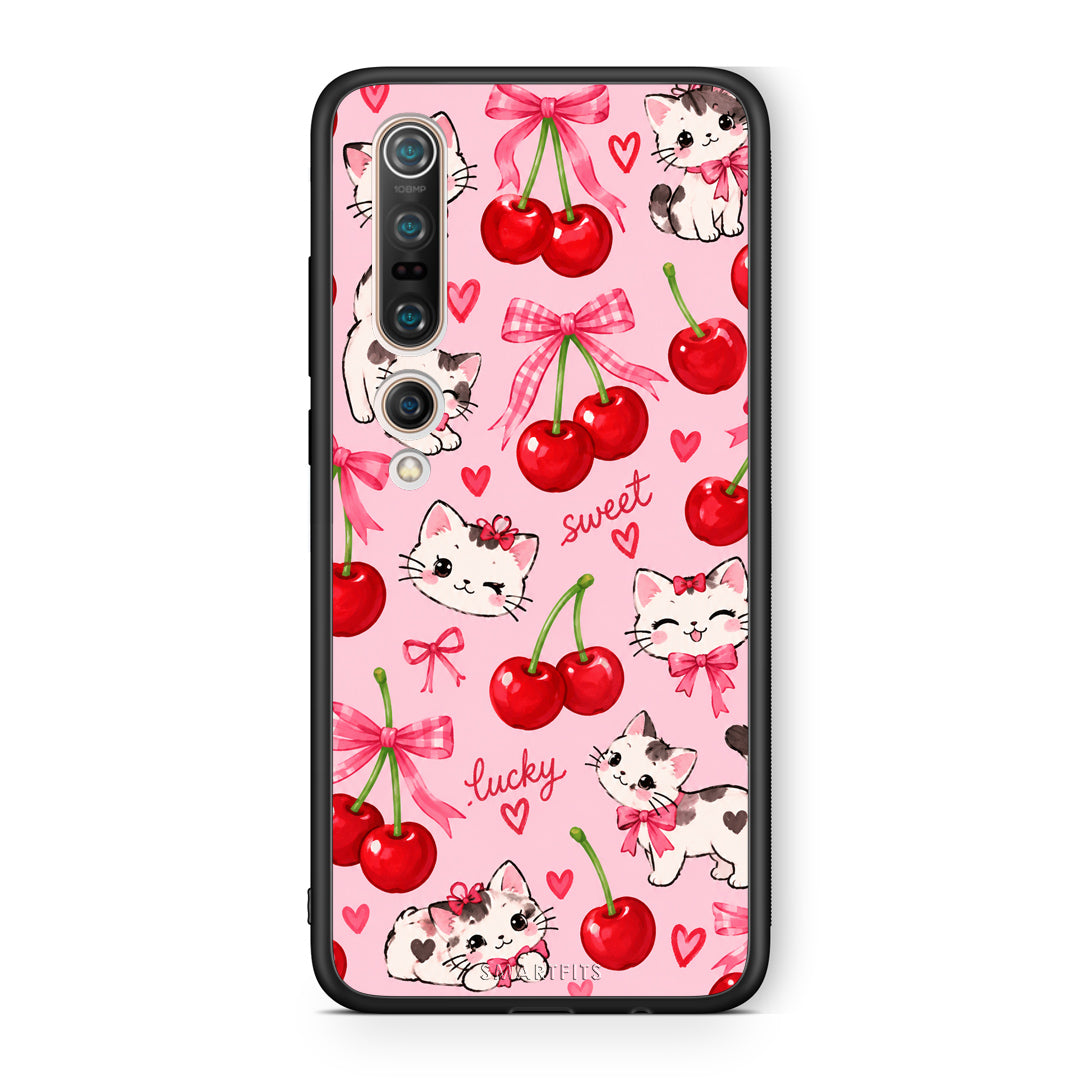 Θήκη Xiaomi Mi 10 Cherries Bows and Kittens on Pink από τη Smartfits με σχέδιο στο πίσω μέρος και μαύρο περίβλημα | Xiaomi Mi 10 Cherries Bows and Kittens on Pink case with colorful back and black bezels