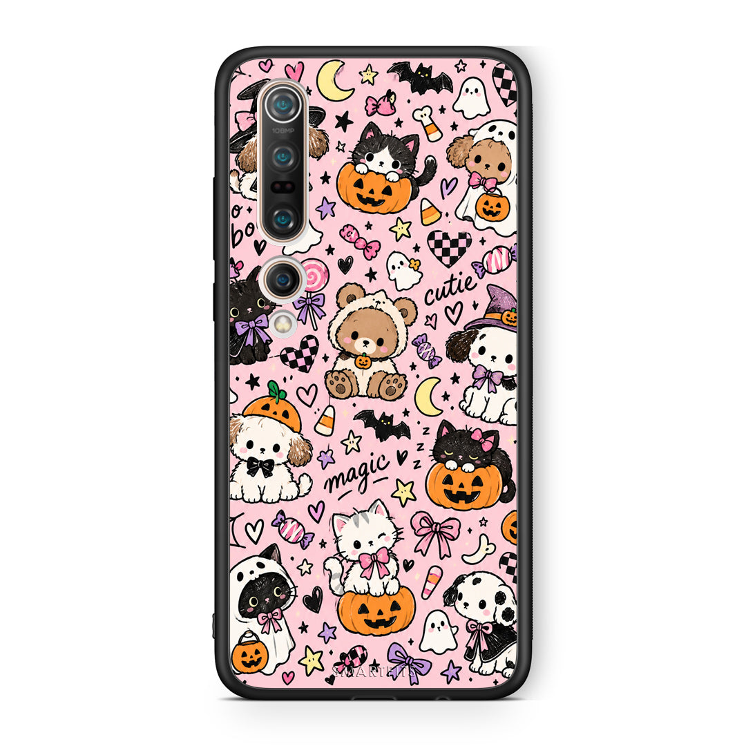Θήκη Xiaomi Mi 10 Halloween Cute Animals on Pink από τη Smartfits με σχέδιο στο πίσω μέρος και μαύρο περίβλημα | Xiaomi Mi 10 Halloween Cute Animals on Pink case with colorful back and black bezels