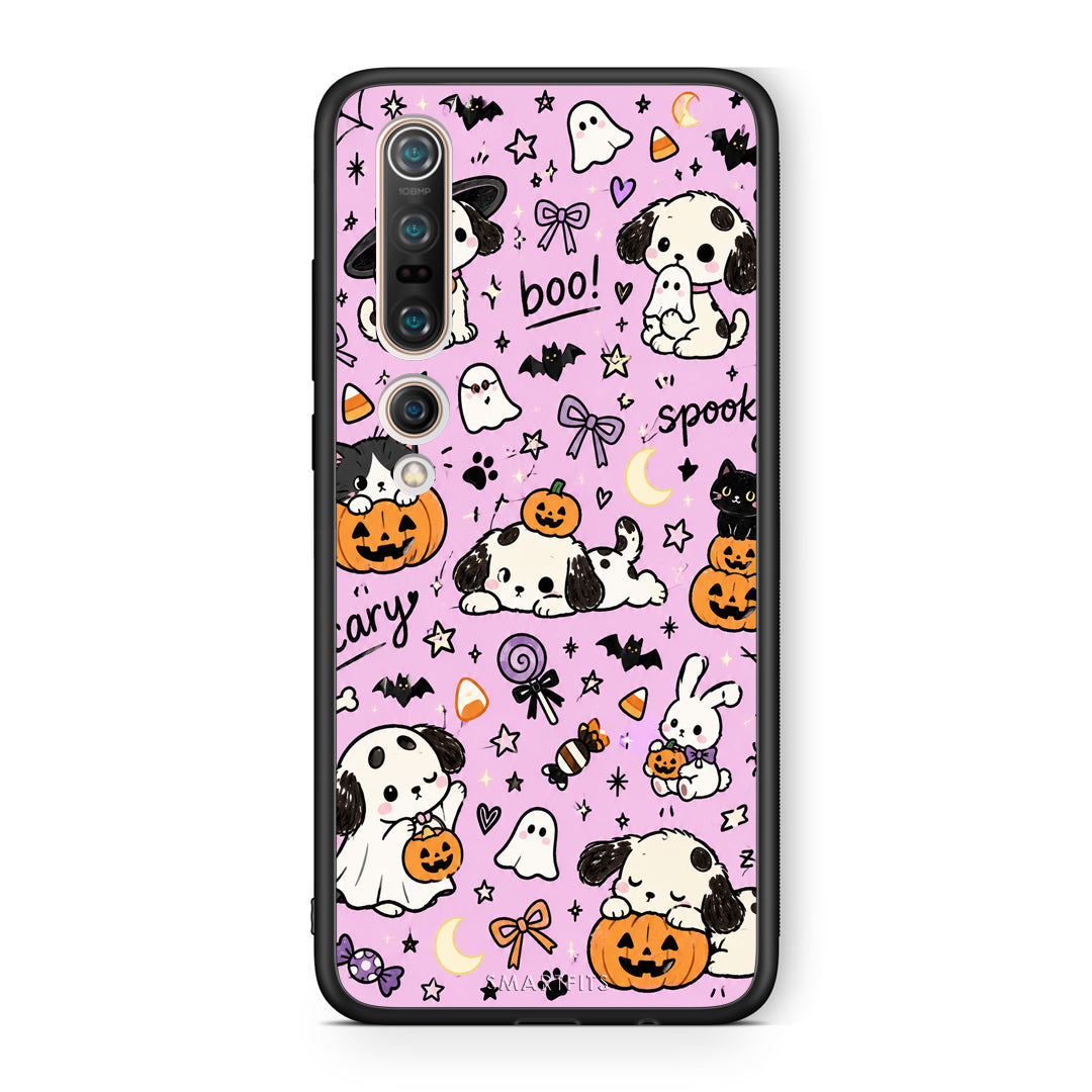Θήκη Xiaomi Mi 10 Halloween Puppies and Friends on Lilac από τη Smartfits με σχέδιο στο πίσω μέρος και μαύρο περίβλημα | Xiaomi Mi 10 Halloween Puppies and Friends on Lilac case with colorful back and black bezels