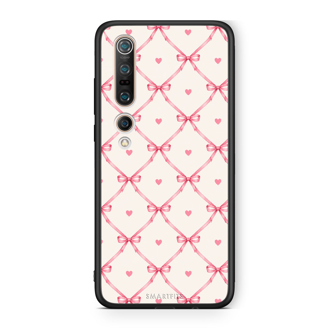 Θήκη Xiaomi Mi 10 Pink Bow Lattice and Hearts on Cream από τη Smartfits με σχέδιο στο πίσω μέρος και μαύρο περίβλημα | Xiaomi Mi 10 Pink Bow Lattice and Hearts on Cream case with colorful back and black bezels