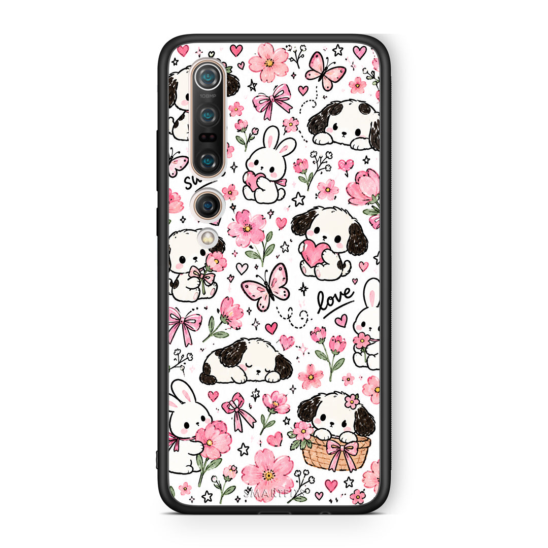 Θήκη Xiaomi Mi 10 Pink Florals Puppies and Bunnies on White από τη Smartfits με σχέδιο στο πίσω μέρος και μαύρο περίβλημα | Xiaomi Mi 10 Pink Florals Puppies and Bunnies on White case with colorful back and black bezels