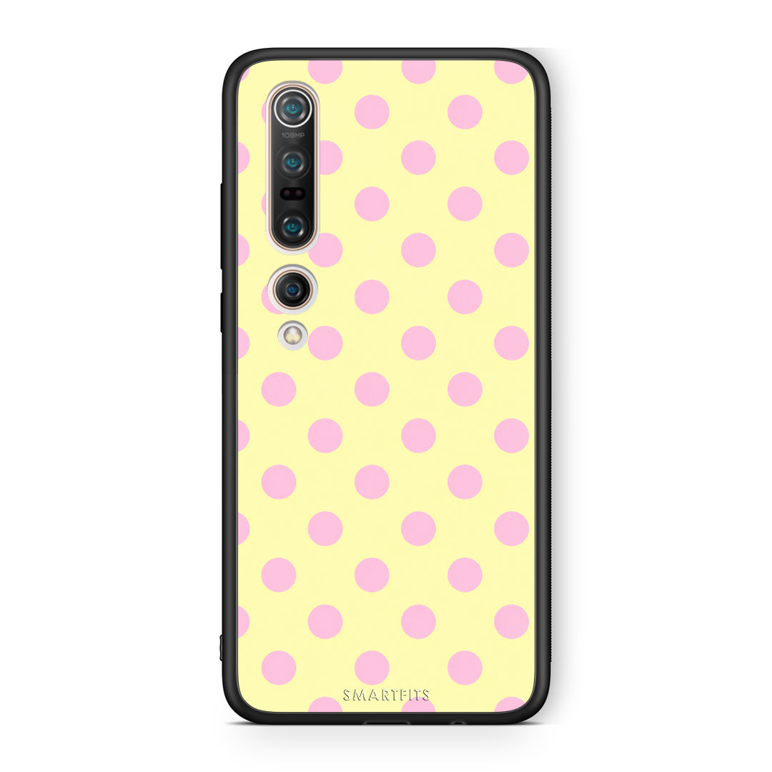 Θήκη Xiaomi Mi 10 Pink Polka Dots on Yellow από τη Smartfits με σχέδιο στο πίσω μέρος και μαύρο περίβλημα | Xiaomi Mi 10 Pink Polka Dots on Yellow case with colorful back and black bezels