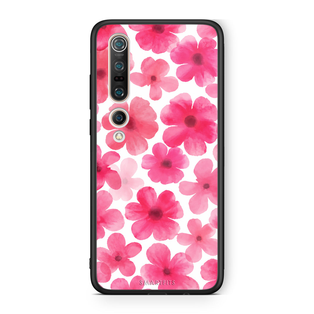 Θήκη Xiaomi Mi 10 Pink Watercolour Flowers on White από τη Smartfits με σχέδιο στο πίσω μέρος και μαύρο περίβλημα | Xiaomi Mi 10 Pink Watercolour Flowers on White case with colorful back and black bezels