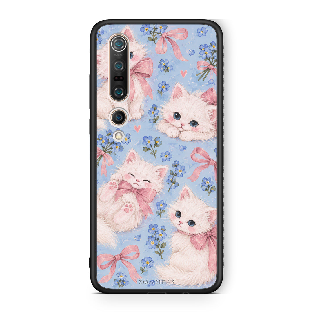 Θήκη Xiaomi Mi 10 White Kittens and Blue Flowers Large από τη Smartfits με σχέδιο στο πίσω μέρος και μαύρο περίβλημα | Xiaomi Mi 10 White Kittens and Blue Flowers Large case with colorful back and black bezels