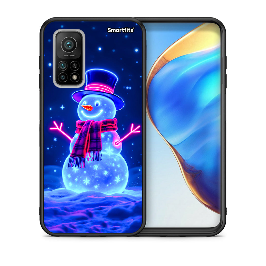 Θήκη Xiaomi Mi 10T/10T Pro Christmas Neon Snowman από τη Smartfits με σχέδιο στο πίσω μέρος και μαύρο περίβλημα | Xiaomi Mi 10T/10T Pro Christmas Neon Snowman case with colorful back and black bezels