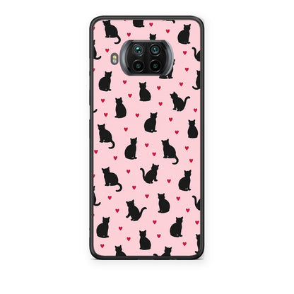 Θήκη Xiaomi Mi 10T Lite Black Cat Silhouettes and Hearts on Pink από τη Smartfits με σχέδιο στο πίσω μέρος και μαύρο περίβλημα | Xiaomi Mi 10T Lite Black Cat Silhouettes and Hearts on Pink case with colorful back and black bezels