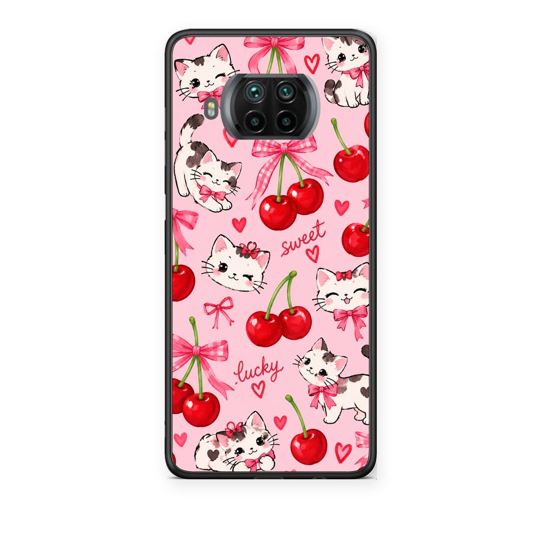 Θήκη Xiaomi Mi 10T Lite Cherries Bows and Kittens on Pink από τη Smartfits με σχέδιο στο πίσω μέρος και μαύρο περίβλημα | Xiaomi Mi 10T Lite Cherries Bows and Kittens on Pink case with colorful back and black bezels