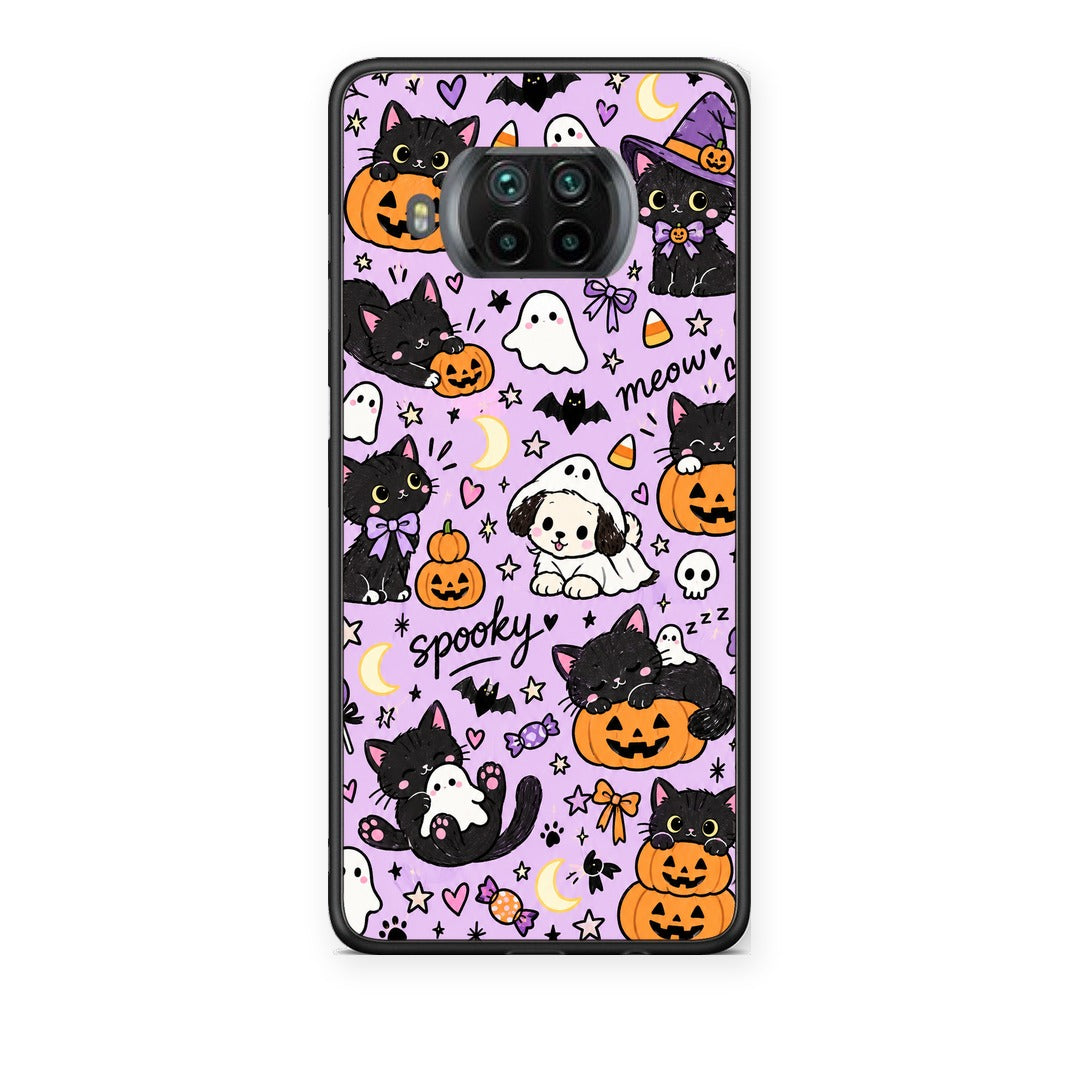 Θήκη Xiaomi Mi 10T Lite Halloween Black Cats on Lilac από τη Smartfits με σχέδιο στο πίσω μέρος και μαύρο περίβλημα | Xiaomi Mi 10T Lite Halloween Black Cats on Lilac case with colorful back and black bezels
