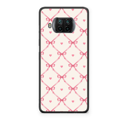 Θήκη Xiaomi Mi 10T Lite Pink Bow Lattice and Hearts on Cream από τη Smartfits με σχέδιο στο πίσω μέρος και μαύρο περίβλημα | Xiaomi Mi 10T Lite Pink Bow Lattice and Hearts on Cream case with colorful back and black bezels