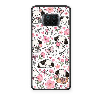 Θήκη Xiaomi Mi 10T Lite Pink Florals Puppies and Bunnies on White από τη Smartfits με σχέδιο στο πίσω μέρος και μαύρο περίβλημα | Xiaomi Mi 10T Lite Pink Florals Puppies and Bunnies on White case with colorful back and black bezels