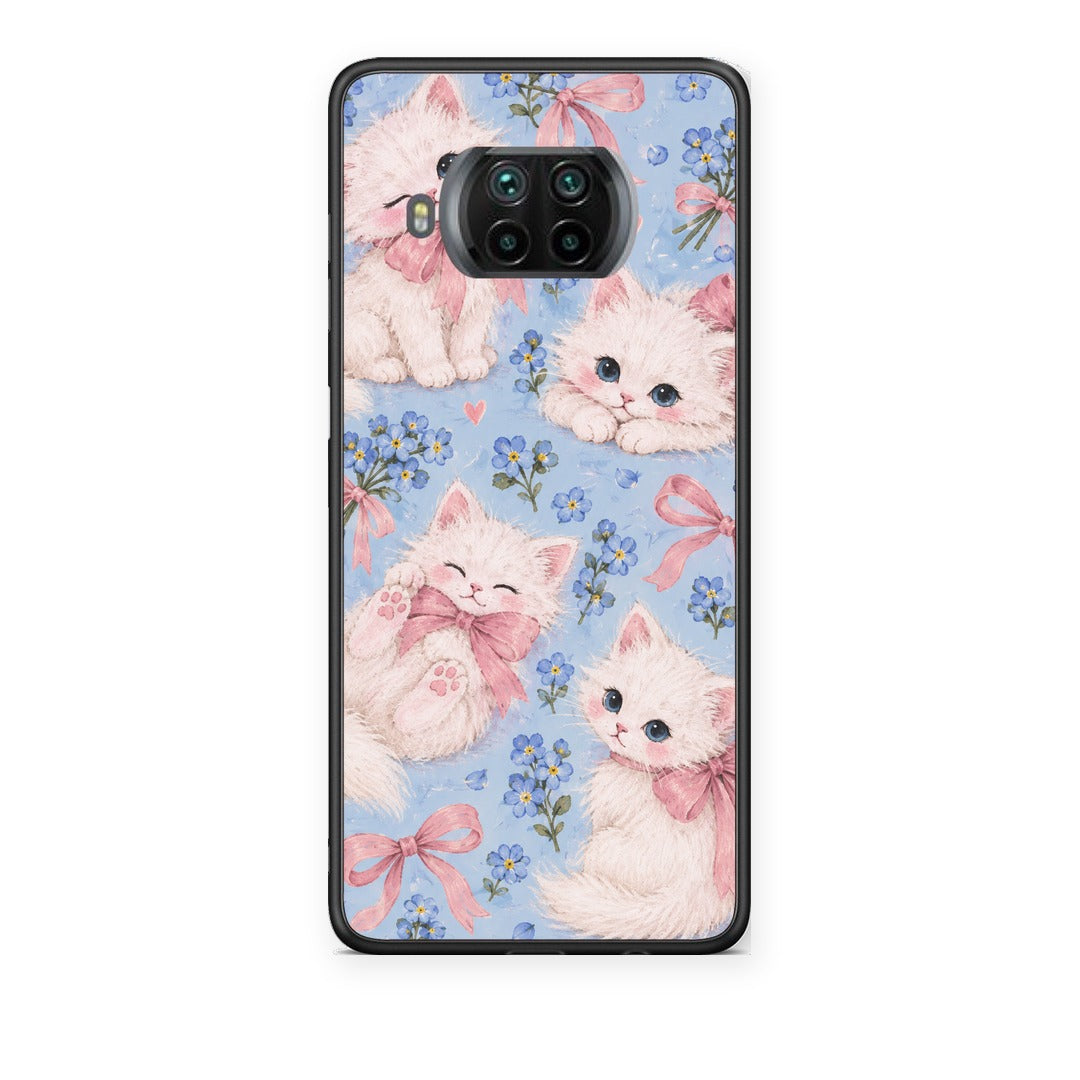 Θήκη Xiaomi Mi 10T Lite White Kittens and Blue Flowers Large από τη Smartfits με σχέδιο στο πίσω μέρος και μαύρο περίβλημα | Xiaomi Mi 10T Lite White Kittens and Blue Flowers Large case with colorful back and black bezels