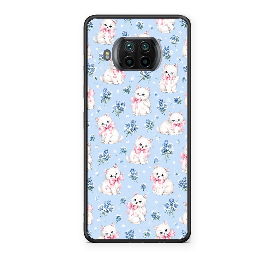 Θήκη Xiaomi Mi 10T Lite White Kittens and Blue Flowers Small από τη Smartfits με σχέδιο στο πίσω μέρος και μαύρο περίβλημα | Xiaomi Mi 10T Lite White Kittens and Blue Flowers Small case with colorful back and black bezels