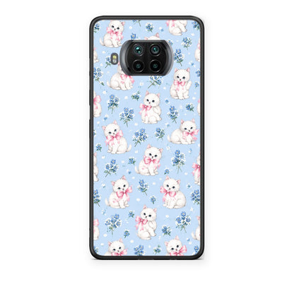 Θήκη Xiaomi Mi 10T Lite White Kittens and Blue Flowers Small από τη Smartfits με σχέδιο στο πίσω μέρος και μαύρο περίβλημα | Xiaomi Mi 10T Lite White Kittens and Blue Flowers Small case with colorful back and black bezels