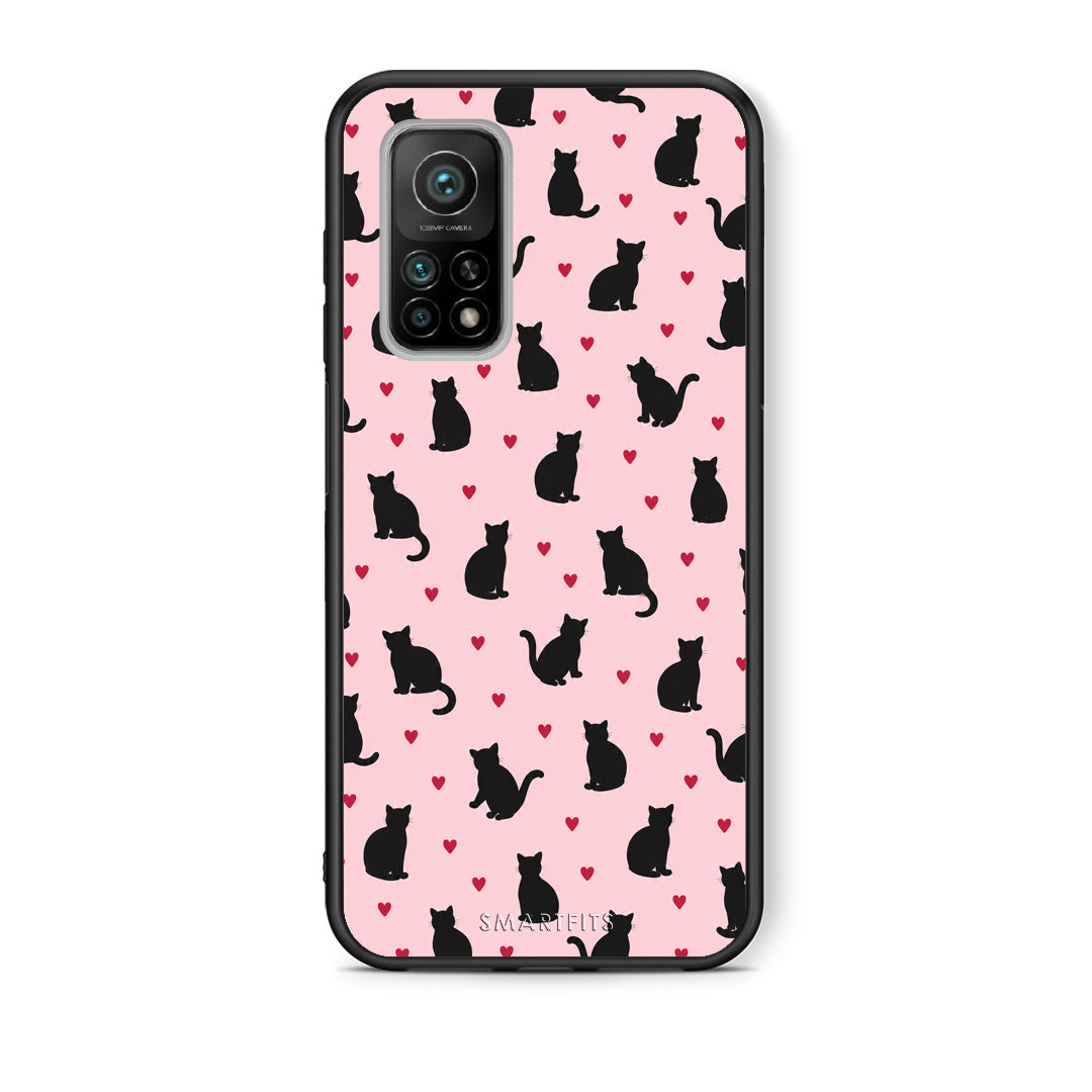 Θήκη Xiaomi Mi 10T / 10T Pro Black Cat Silhouettes and Hearts on Pink από τη Smartfits με σχέδιο στο πίσω μέρος και μαύρο περίβλημα | Xiaomi Mi 10T / 10T Pro Black Cat Silhouettes and Hearts on Pink case with colorful back and black bezels