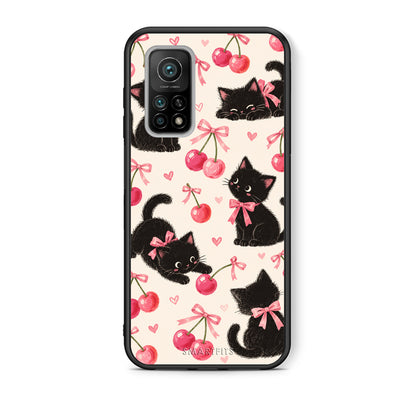 Θήκη Xiaomi Mi 10T / 10T Pro Black Kittens and Cherries on Cream από τη Smartfits με σχέδιο στο πίσω μέρος και μαύρο περίβλημα | Xiaomi Mi 10T / 10T Pro Black Kittens and Cherries on Cream case with colorful back and black bezels