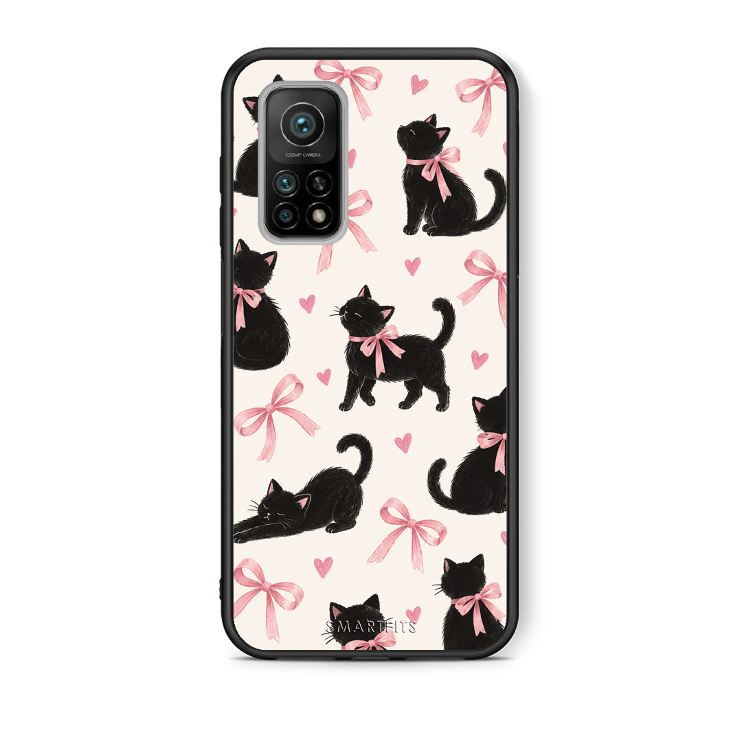 Θήκη Xiaomi Mi 10T / 10T Pro Black Kittens and Pink Bows on Cream Large από τη Smartfits με σχέδιο στο πίσω μέρος και μαύρο περίβλημα | Xiaomi Mi 10T / 10T Pro Black Kittens and Pink Bows on Cream Large case with colorful back and black bezels