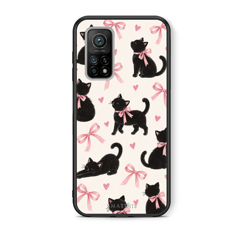 Θήκη Xiaomi Mi 10T / 10T Pro Black Kittens and Pink Bows on Cream Large από τη Smartfits με σχέδιο στο πίσω μέρος και μαύρο περίβλημα | Xiaomi Mi 10T / 10T Pro Black Kittens and Pink Bows on Cream Large case with colorful back and black bezels