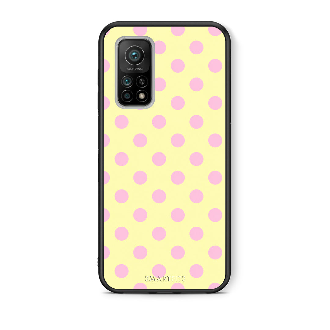 Θήκη Xiaomi Mi 10T / 10T Pro Pink Polka Dots on Yellow από τη Smartfits με σχέδιο στο πίσω μέρος και μαύρο περίβλημα | Xiaomi Mi 10T / 10T Pro Pink Polka Dots on Yellow case with colorful back and black bezels
