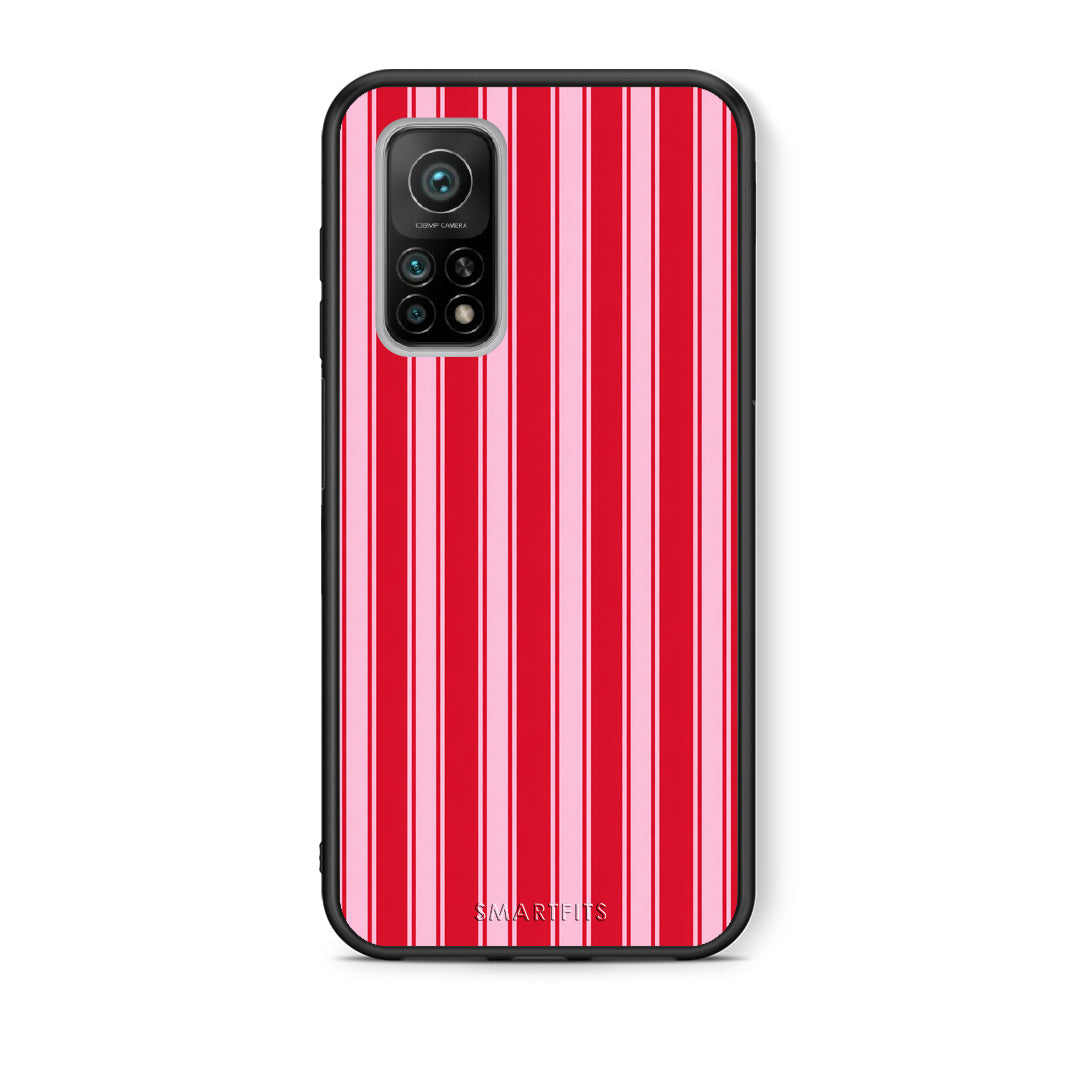 Θήκη Xiaomi Mi 10T / 10T Pro Red and Pink Vertical Pinstripes από τη Smartfits με σχέδιο στο πίσω μέρος και μαύρο περίβλημα | Xiaomi Mi 10T / 10T Pro Red and Pink Vertical Pinstripes case with colorful back and black bezels