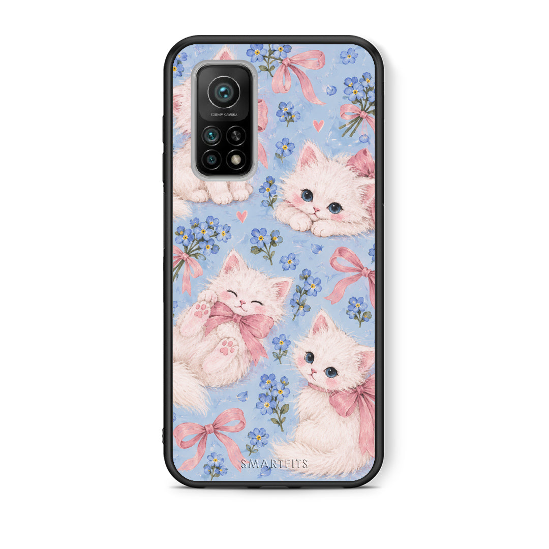 Θήκη Xiaomi Mi 10T / 10T Pro White Kittens and Blue Flowers Large από τη Smartfits με σχέδιο στο πίσω μέρος και μαύρο περίβλημα | Xiaomi Mi 10T / 10T Pro White Kittens and Blue Flowers Large case with colorful back and black bezels