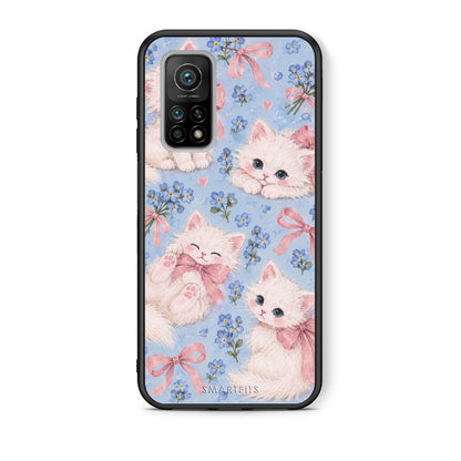 Θήκη Xiaomi Mi 10T / 10T Pro White Kittens and Blue Flowers Large από τη Smartfits με σχέδιο στο πίσω μέρος και μαύρο περίβλημα | Xiaomi Mi 10T / 10T Pro White Kittens and Blue Flowers Large case with colorful back and black bezels