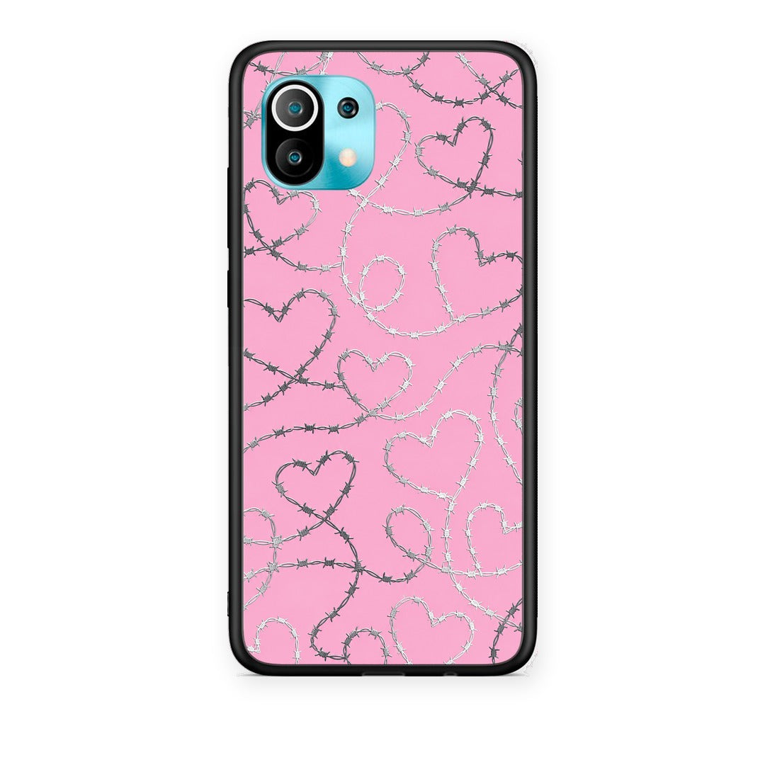 Θήκη Xiaomi Mi 11 / 11 Pro Barbed Wire Hearts on Pink από τη Smartfits με σχέδιο στο πίσω μέρος και μαύρο περίβλημα | Xiaomi Mi 11 / 11 Pro Barbed Wire Hearts on Pink case with colorful back and black bezels