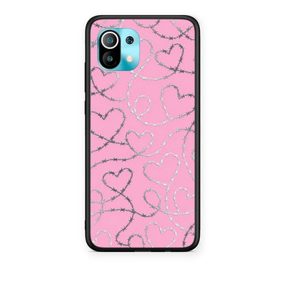 Θήκη Xiaomi Mi 11 / 11 Pro Barbed Wire Hearts on Pink από τη Smartfits με σχέδιο στο πίσω μέρος και μαύρο περίβλημα | Xiaomi Mi 11 / 11 Pro Barbed Wire Hearts on Pink case with colorful back and black bezels