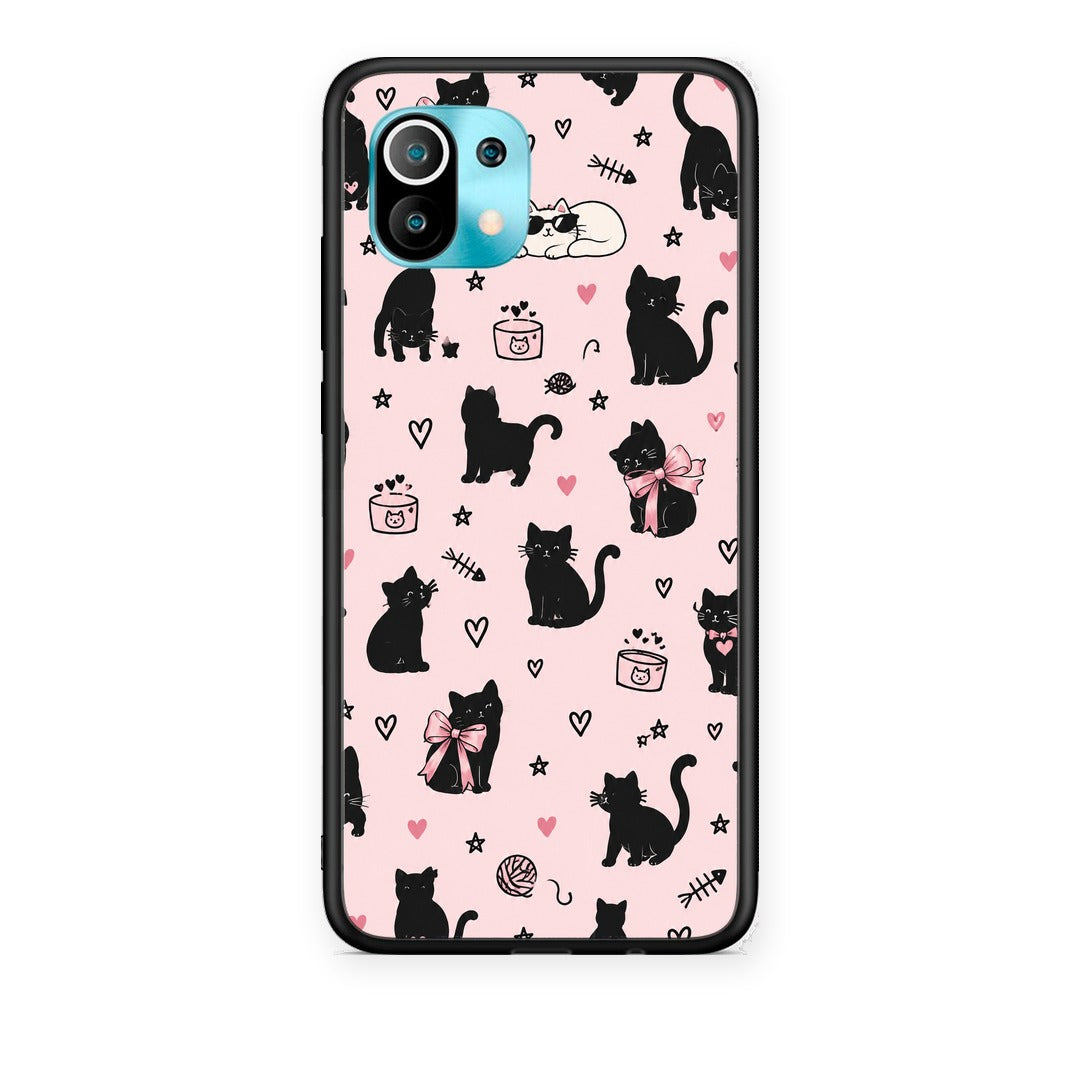 Θήκη Xiaomi Mi 11 / 11 Pro Black Cat Doodles on Pink από τη Smartfits με σχέδιο στο πίσω μέρος και μαύρο περίβλημα | Xiaomi Mi 11 / 11 Pro Black Cat Doodles on Pink case with colorful back and black bezels