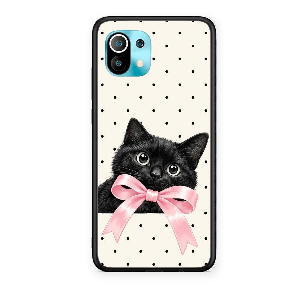 Θήκη Xiaomi Mi 11 / 11 Pro Black Kitten Pink Bow and Polka Dots από τη Smartfits με σχέδιο στο πίσω μέρος και μαύρο περίβλημα | Xiaomi Mi 11 / 11 Pro Black Kitten Pink Bow and Polka Dots case with colorful back and black bezels