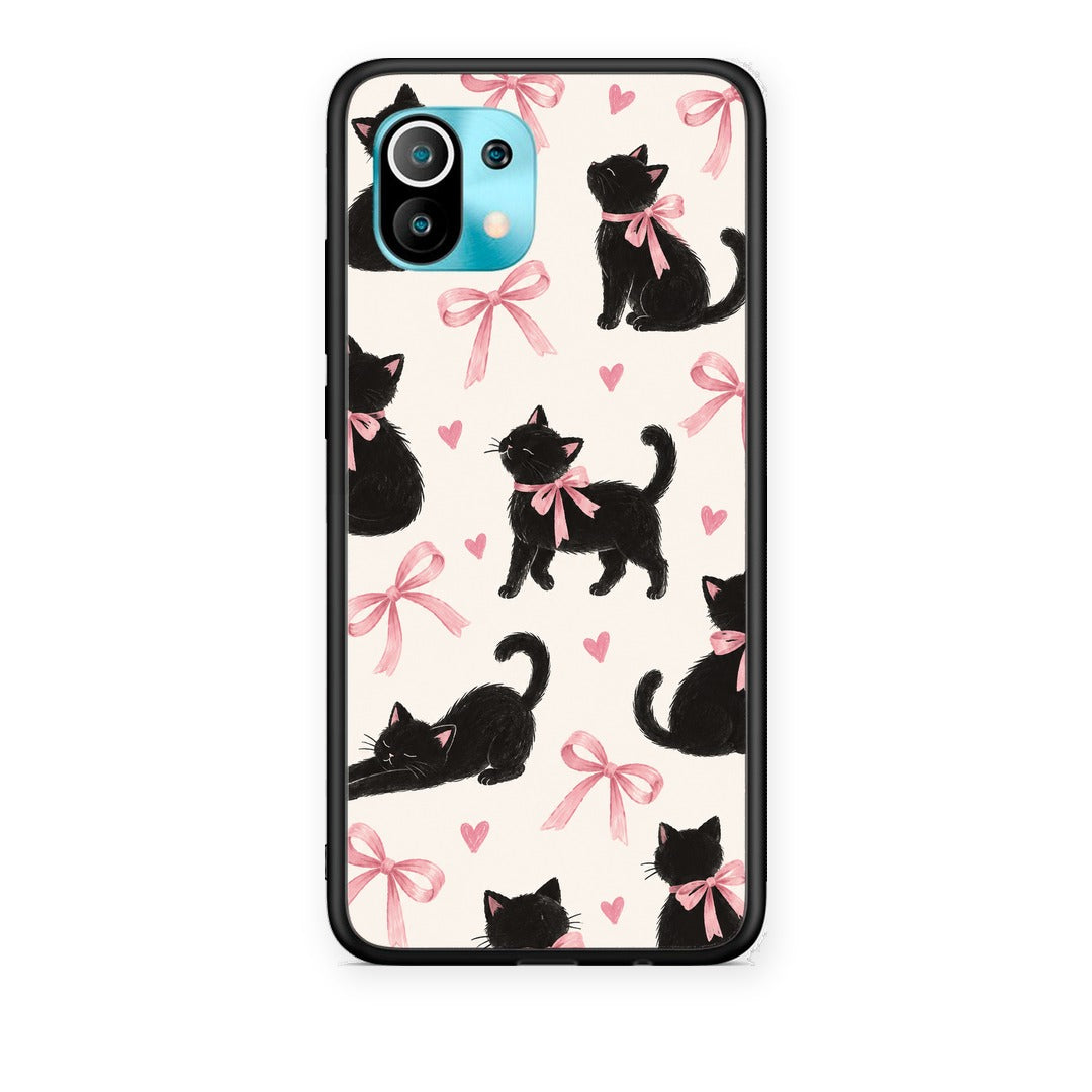 Θήκη Xiaomi Mi 11 / 11 Pro Black Kittens and Pink Bows on Cream Large από τη Smartfits με σχέδιο στο πίσω μέρος και μαύρο περίβλημα | Xiaomi Mi 11 / 11 Pro Black Kittens and Pink Bows on Cream Large case with colorful back and black bezels