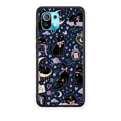 Θήκη Xiaomi Mi 11 / 11 Pro Celestial Black Cats on Navy από τη Smartfits με σχέδιο στο πίσω μέρος και μαύρο περίβλημα | Xiaomi Mi 11 / 11 Pro Celestial Black Cats on Navy case with colorful back and black bezels