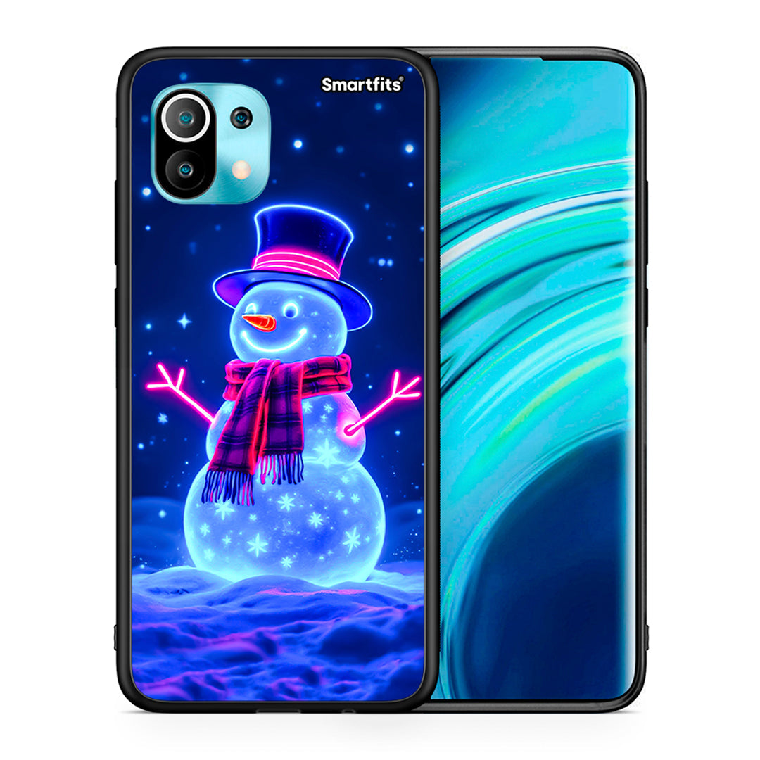 Θήκη Xiaomi Mi 11 Christmas Neon Snowman από τη Smartfits με σχέδιο στο πίσω μέρος και μαύρο περίβλημα | Xiaomi Mi 11 Christmas Neon Snowman case with colorful back and black bezels