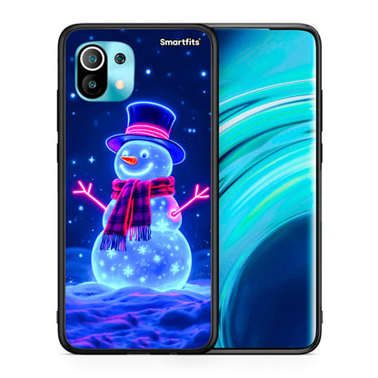 Θήκη Xiaomi Mi 11 Christmas Neon Snowman από τη Smartfits με σχέδιο στο πίσω μέρος και μαύρο περίβλημα | Xiaomi Mi 11 Christmas Neon Snowman case with colorful back and black bezels