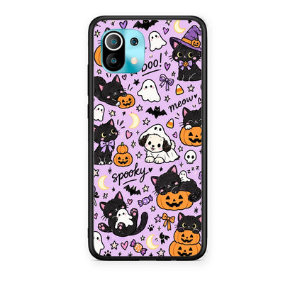 Θήκη Xiaomi Mi 11 / 11 Pro Halloween Black Cats on Lilac από τη Smartfits με σχέδιο στο πίσω μέρος και μαύρο περίβλημα | Xiaomi Mi 11 / 11 Pro Halloween Black Cats on Lilac case with colorful back and black bezels