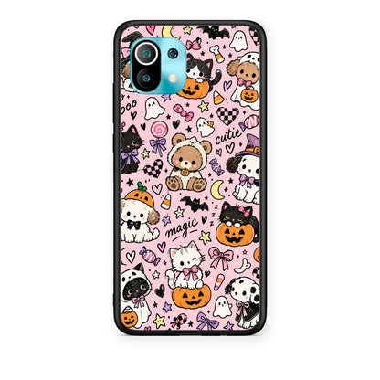 Θήκη Xiaomi Mi 11 / 11 Pro Halloween Cute Animals on Pink από τη Smartfits με σχέδιο στο πίσω μέρος και μαύρο περίβλημα | Xiaomi Mi 11 / 11 Pro Halloween Cute Animals on Pink case with colorful back and black bezels