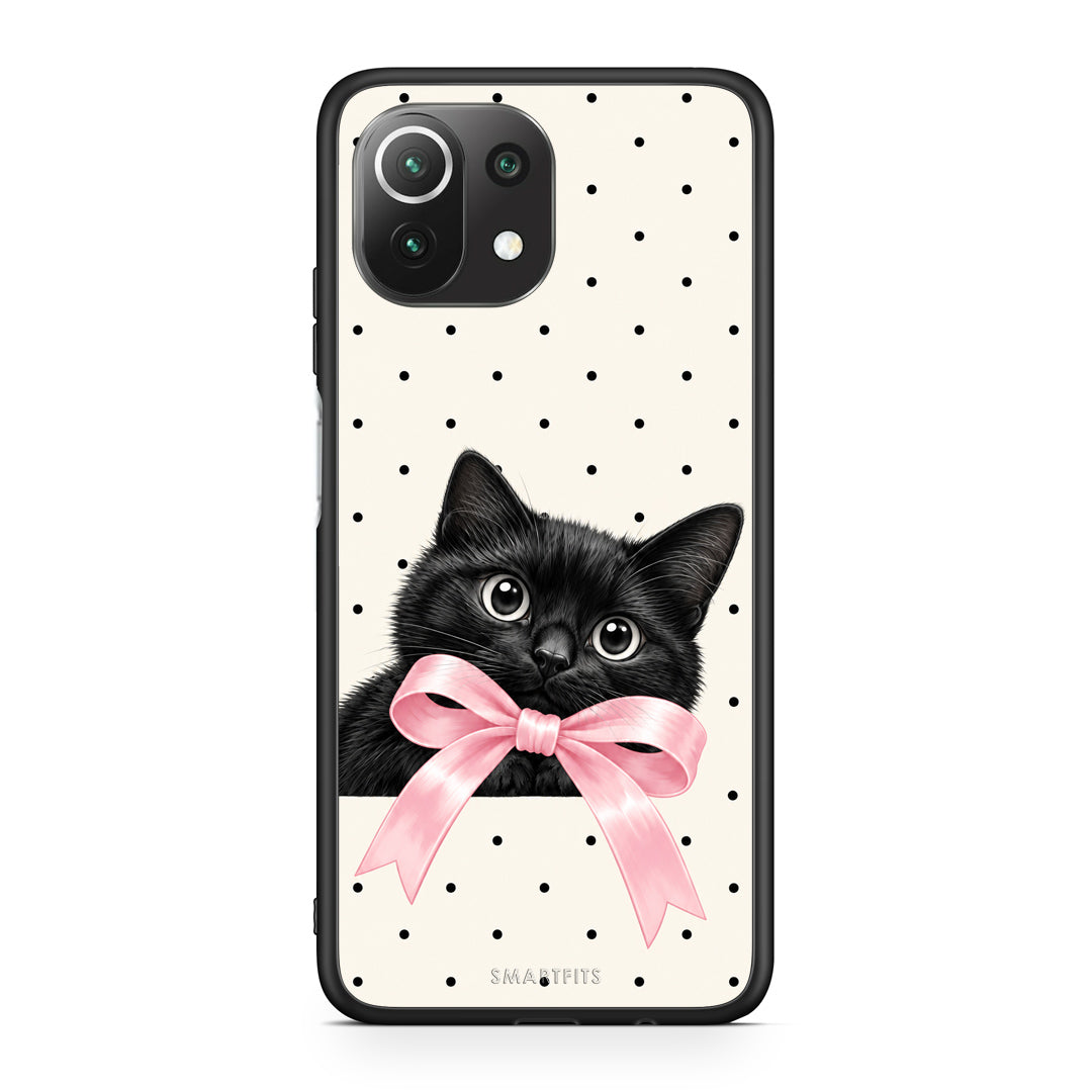 Θήκη Xiaomi 11 Lite 5G NE / Mi 11 Lite Black Kitten Pink Bow and Polka Dots από τη Smartfits με σχέδιο στο πίσω μέρος και μαύρο περίβλημα | Xiaomi 11 Lite 5G NE / Mi 11 Lite Black Kitten Pink Bow and Polka Dots case with colorful back and black bezels