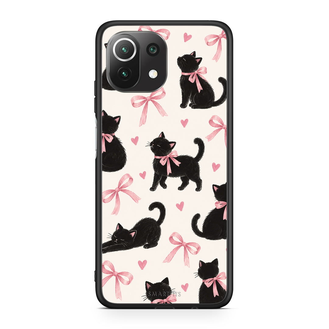 Θήκη Xiaomi 11 Lite 5G NE / Mi 11 Lite Black Kittens and Pink Bows on Cream Large από τη Smartfits με σχέδιο στο πίσω μέρος και μαύρο περίβλημα | Xiaomi 11 Lite 5G NE / Mi 11 Lite Black Kittens and Pink Bows on Cream Large case with colorful back and black bezels
