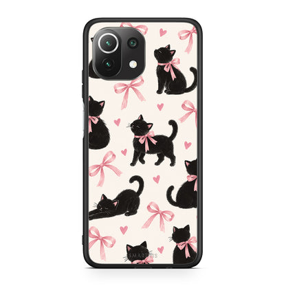 Θήκη Xiaomi 11 Lite 5G NE / Mi 11 Lite Black Kittens and Pink Bows on Cream Large από τη Smartfits με σχέδιο στο πίσω μέρος και μαύρο περίβλημα | Xiaomi 11 Lite 5G NE / Mi 11 Lite Black Kittens and Pink Bows on Cream Large case with colorful back and black bezels