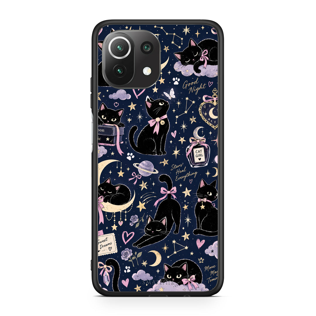 Θήκη Xiaomi 11 Lite 5G NE / Mi 11 Lite Celestial Black Cats on Navy από τη Smartfits με σχέδιο στο πίσω μέρος και μαύρο περίβλημα | Xiaomi 11 Lite 5G NE / Mi 11 Lite Celestial Black Cats on Navy case with colorful back and black bezels
