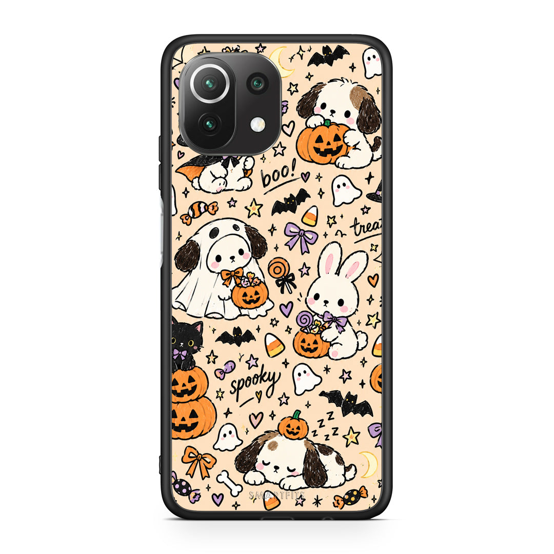 Θήκη Xiaomi 11 Lite 5G NE / Mi 11 Lite Halloween Puppies and Friends on Cream από τη Smartfits με σχέδιο στο πίσω μέρος και μαύρο περίβλημα | Xiaomi 11 Lite 5G NE / Mi 11 Lite Halloween Puppies and Friends on Cream case with colorful back and black bezels
