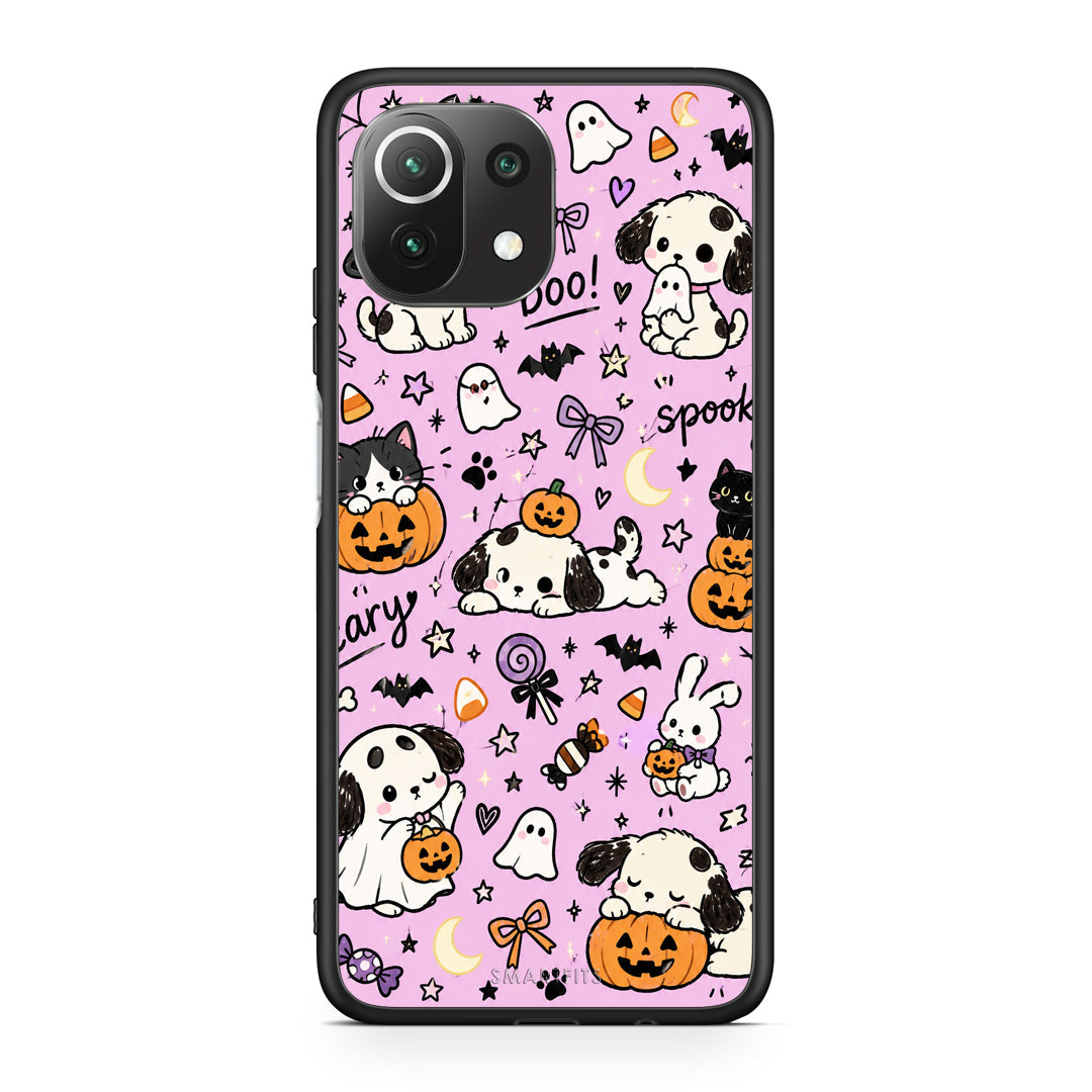 Θήκη Xiaomi 11 Lite 5G NE / Mi 11 Lite Halloween Puppies and Friends on Lilac από τη Smartfits με σχέδιο στο πίσω μέρος και μαύρο περίβλημα | Xiaomi 11 Lite 5G NE / Mi 11 Lite Halloween Puppies and Friends on Lilac case with colorful back and black bezels